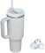 Vaso con tapa con popote y asa, taza de viaje de acero inoxidable para café, taza de viaje de 40 onzas/30 onzas, termo para botella de agua para café caliente y frío (blanco-4)