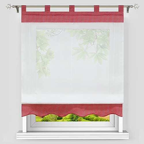 Heichkell Karierte Raffrollo mit Schlaufen Landhausstil Karo Raffgardine Küchegardine Wellenförmiger Borte Kurzstore Faltenrollo Rot BxH 120x155cm