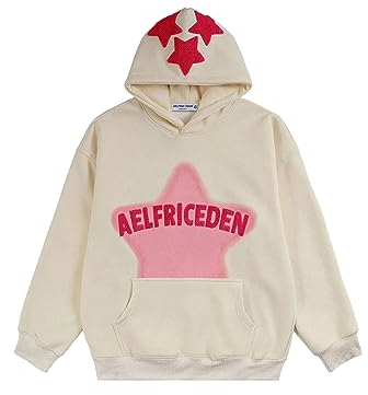 Aelfric Eden Herren Oversized Vintage Hoodie Lose Stern Pullover mit Kapuze Basic Kapuzenpullover Hip Hop Kapuze Sweatshirt mit Tasche Weiß, XS