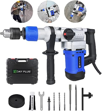 Bohrhammer/Kombihammer mit 360° drehbarer Hilfsgriff, 3 Bohrern und 2 Meißeln, 1080 Watt, 3 Funktionen (Hammer/Bohrmaschine/Spitzhacke), Geschwindigkeit: 800 U/min, Schlagfrequenz: 4500 U/min