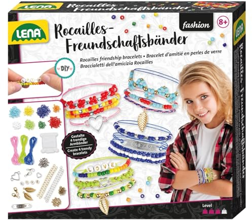 LENA 42721 Rocailles Freundschaftsarmbänder, Bastelset für Kinder ab 8 Jahren, Knüpfset mit Garnen 8 Farben, Kreativset in bunter Faltschachtel, Perlen aus Kunststoff, Mehrfarbig, 18,5 x 4 x 17 cm