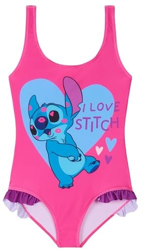 Disney Maillot de Bain Fille, 1 Pièce Maillots de Bain Fille à Volant Ensemble (Rose Stitch, 5-6 Ans)