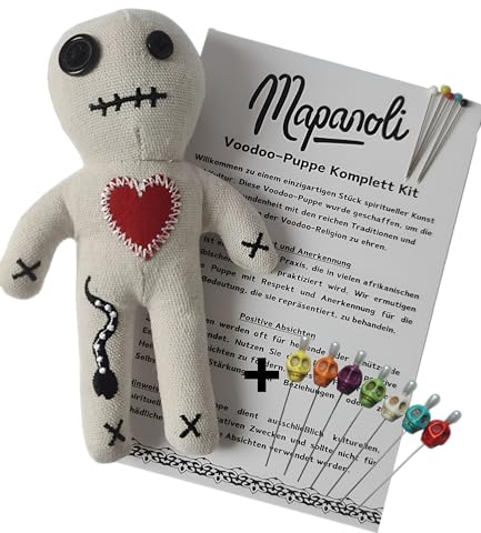 Voodoo Puppe mit Voodoo Nadeln, Sarg Box und Anleitung (extra groß 16cm handgemacht) - Set mit extragroßen Totenkopfnadeln | Lustiges Geschenk für Freunde, Kollegen, Chef | Hochzeit oder Jobwechsel