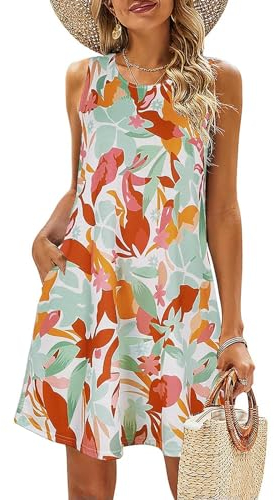 Gyios Sommerkleid Damen Sommer Damen Kleider Strand Ärmellos Floral Muster Taschen T Shirt Tank Sundresses Temperament Elegantes Kleid-y-s
