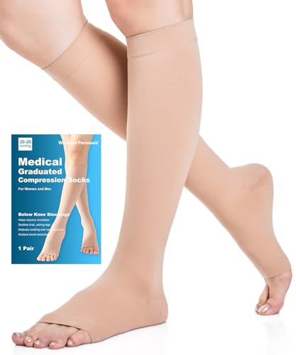 Offene Zehe Medizinische Kompressionsstrümpfe Damen & Herren 20-30 mmHg Klasse 2, Größe S-4XL, Kompressionssocken Stützstrümpfe für Krampfadern Ödeme Flug (Beige, XL)