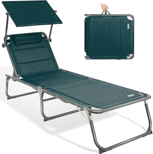 Homecall Sonnenliege Klappbar Gartenliege mit Dach, Kopfstütze, 5-Fach verstellbare Rückenlehne, Strandliege, Tragbarer Liegestuhl Bis 180 kg für Garten, Outdoor, Balkon, Camping - XXL (Ozeanblau)
