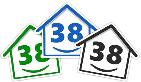 3 x Bin Numbers for Wheelie Bins, 1-99, 15cm ‘Happy House’ Colour Design Dustbin Stickers, Easy Application Stick On Number Stickers - Weatherproof Self Adhesive Vinyl – Blue, Black and Green (38)