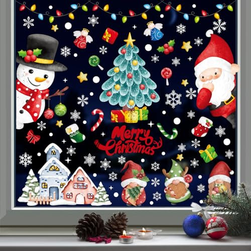 YIHELU Vetrofanie Natalizie per Finestre, Adesivo per finestra natalizia Decorativi Natalizi, Natale Atmosphere Fiocchi Di Neve Finestra Decori Adesivi Natalizi per Natale Partito Finestre Invernali