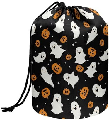 chaqlin Halloween Cute Ghost Travel Cosmetic Bags Barrel Makeup Bag,Women Girls Portable Foldable Cases Multifunctional Toiletry Bucket Bags Round Organizer Storage Pocket