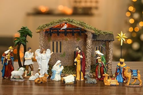 Fovths 17 Piezas iluminadas de Pesebre de Navidad Pesebre establo Pesebre religioso establo Figura de Pesebre de Resina para decoración de Mesa LED de Lujo para centros de Mesa de día Festivo, 7