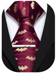Barry.Wang Seidenkrawatten für Herren, lustiges Krawatten- und Krawattenklammer-Set für Hochzeit, Party, Business, formell, extra lang, Fledermaus, Burgunderrot, Einheitsgröße