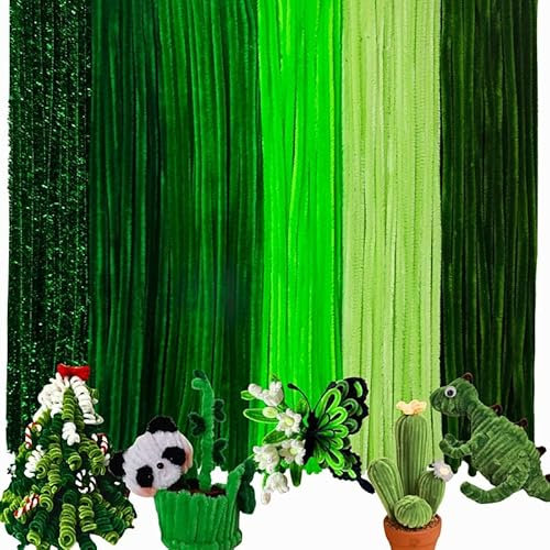 200 Stück Pfeifenreiniger Bunt zum Basteln,6 Verschiedene Grün Pfeifenputzer Bunt zum Basteln Inklusive Glitzerdraht,Chenilledraht Pipe Cleaner für Kreative DIY (Gradient Grün)