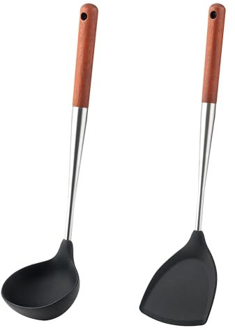 FJNATINH Silicone Wok Spatula and Ladle Tool Set,Non Stick Heat-Resistant Kitchen Utensils BPA Free Cooking Utensils Cookware Wooden Handle, Pack of 2