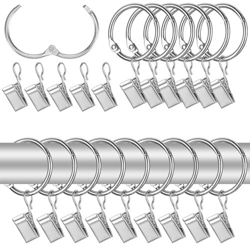 Lot de 50 anneaux de rideau avec clips, anneaux de rideau, avec clips, pour rideaux, cuisine, salle de bain, chambre à coucher, salon, balcon (argenté)