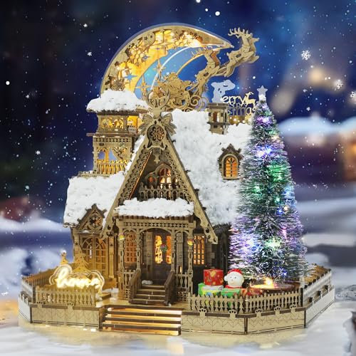 FUNPOLA LED 3D Holzpuzzle Weihnachtslandschafts Hüttenmodell - DIY Miniatur-Bausatz mit Funken LED Lichtern - Weihnachtsnachtflug Mondlampe für Erwachsene und Kinder (Mit Schneepaket)