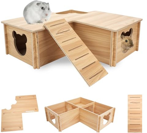 Hamsterhaus Labyrinth, Holz Hamster Versteck, Mehrkammer Hamster Versteck Haus mit Kletterleiter, hölzerne Lebensräume Dekor Käfig Zubehör für kleine Tiere, Mäuse Gerbils (3 Zimmer, 33x33x11,5 cm)