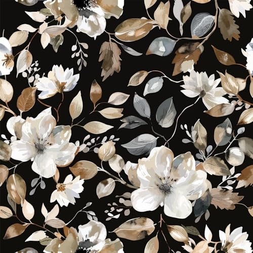 Wookmmy Rouleau de papier peint autocollant en vinyle pour salle de bain de ferme, motif floral botanique moderne, imperméable, amovible, style vintage, noir, 45 x 315 cm