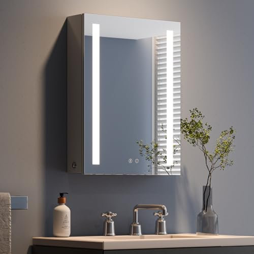 Dripex Spiegelschrank Bad mit Beleuchtung, LED Badezimmerschrank mit Spiegel, 3 Lichtfarbe Einstellbar, Steckdose und Glasablage, Dimmbar Rechtstürig, Beschlagfrei Verbesserte Version 50 x 70 cm Grau