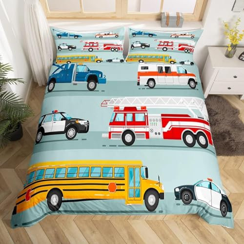 NDXRWDZR Bettwäsche 155x220 Feuerwehr-Krankenwagen Bettwäsche-Set mit Reißverschluss Schließung für Kinder Weicher Atmungsaktive Mikrofaser Bettbezug + 2 Kopfkissenbezug 80x80 cm