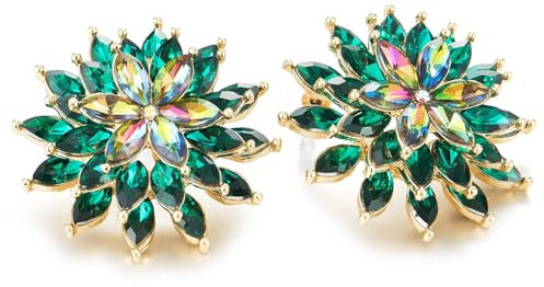 Grande Flor Pendientes, Floral Cluster Statement Declaración Pendientes, Verde Marquesa Iridescente Cristal pétalo