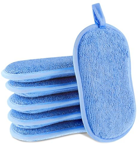 GEEHUA 6 Pack Dual-Sided Sponges Kitchen, Non Scratch Microfiber Dish Sponge All Purpose Dish Washing Scrubber for Cleaning Non-Stick Cookware Dishes Kitchen Pots Pans Sink Household(Blue)