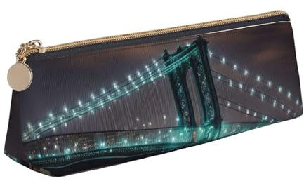 YHBLYKXP New York Manhattan Bridge Night Print Triangle Leder Schreibwaren Aufbewahrungstasche, tragbare Make-up-Tasche, tägliche Aufbewahrung kleiner Gegenstände