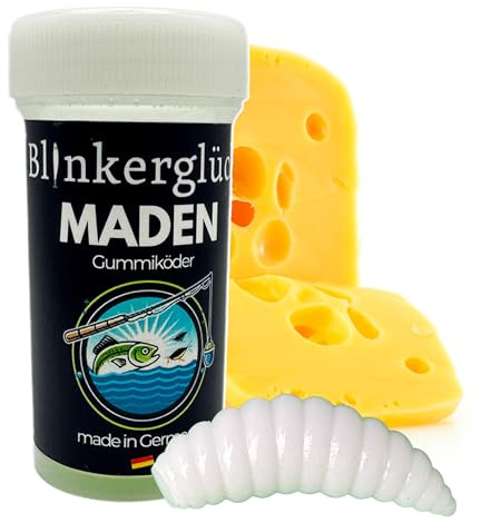 Blinkerglück Kunstmaden 4 cm – 12 Gummiköder mit Aroma für Forelle & Friedfisch | weiche Kunstmade für Karpfen & Brassen | Softbait zum Grundangeln & UL-Angeln