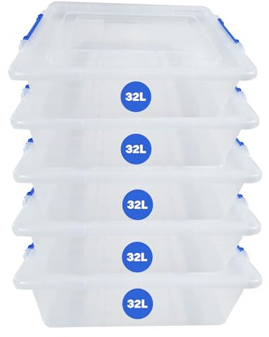 RelianceUK 5 X 32L Under Bed Plastic Storage Boxes with Lids (32 Litre / 5 Pack(Under Bed) Stackable Storage Containers with Clip Lock Lids Plastic Storage Box with Lid for Home, Office, Garage