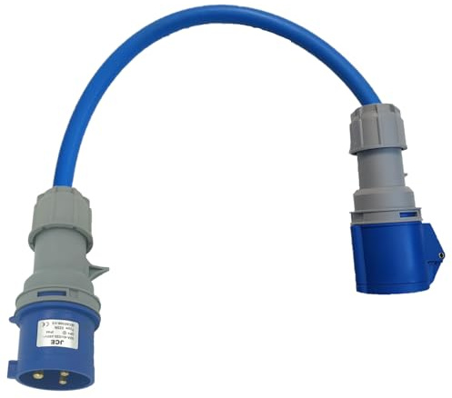 230V Industrial Adaptor Lead 32 Amp plug to 16 Amp socket with 2.5mm² 3 core Arctic grade Blue cable, Change Over Lead, (0.5M)
