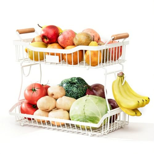 Yuhtech 2 Schicht Obstkorb, Stehendes Aufbewahrungsregal, Obstschale mit Bananenaufhänger, Aufbewahrungskorb, Metall-Gemüsehalter, Obstständer für Küche, Theke, Obst, Gemüse, Snacks(Weiß)
