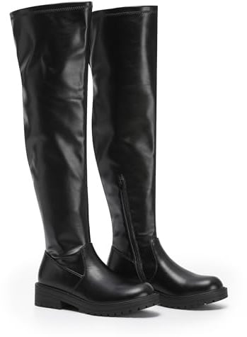 VIVASHOES Women's Black Over The Knee High Flat Riding Boots Stretch – Faux Leather Winter Booties for Women, Slip-Resistant Chunky Sole, Low Heel Comfort Shoes – Stylish Everyday Tall Boots