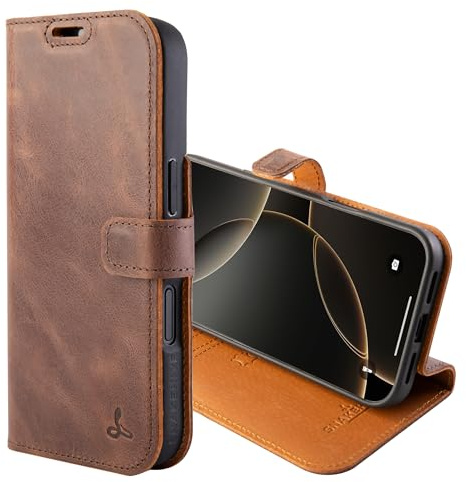 Snakehive Genuine Leather Wallet Case for iPhone 17 – Flip Cover with Card Slots & Stand (Brown)