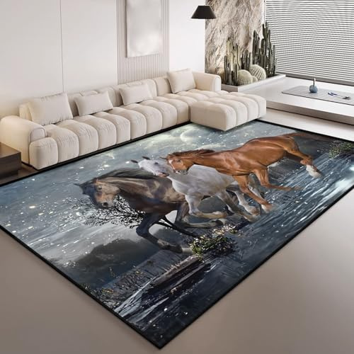 HOSIMA Flurteppich 3D Galoppierendes Pferd Teppich Weiche Antirutschunterlage Kurzteppiche für Kinderzimmer Küche Terrasse Schlafzimmer Antirutschmatte Kurzflor Flauschige Matte Waschbar(150 * 200)