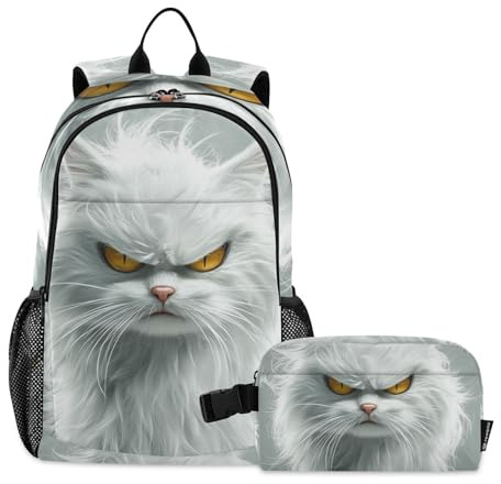 KLL Lustige türkische Angorakatzen Wut Rucksack und Lunchbox Set (Szenario) Rucksack für Mädchen 7–10