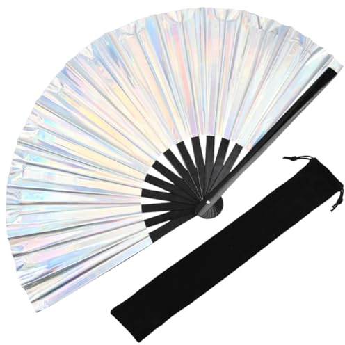 SOFPLATE 1Pc Large Folding Hand Fan holographic Clack Hand Rave Fan Portable Sparkly Bamboo Handheld with Velvet Pouch for EDM Festival Party Pride Dance Drag Queen Beach 13.58In Closed 25.59In Open