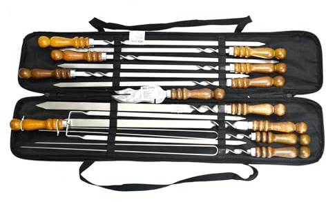 Set aus 11 Schaschlikspießen mit Tasche Grillspieße aus Edelstahl | Fleischspieße BBQ Lagerfeuer Kebab Spieße Schampura