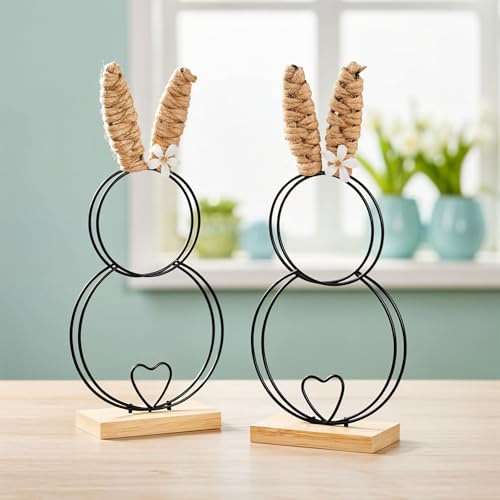 levandeo 2er Set Deko Aufsteller Hase Metall Bambus Holz Schwarz Osterdeko Tischdeko Frühling Ostern Frühlingsdeko Metalldeko Drahtdeko