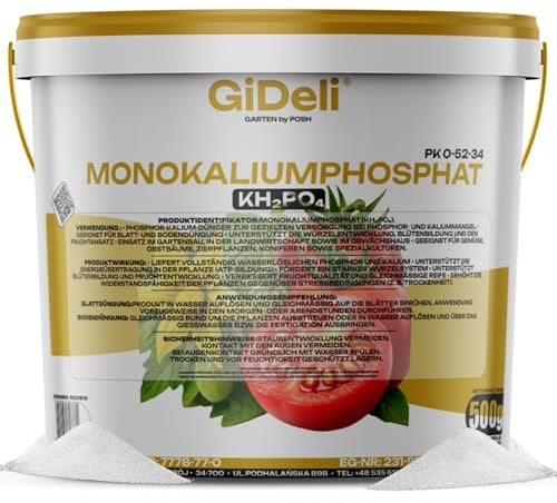 GiDeli Monokaliumphosphat MKP 500 g - Wasserlöslicher PK Dünger für Tomaten | hochkonzentriert 0-52-34, stärkt Blüte und Fruchtansatz, für Beeren Gurken Paprika, chlorfrei
