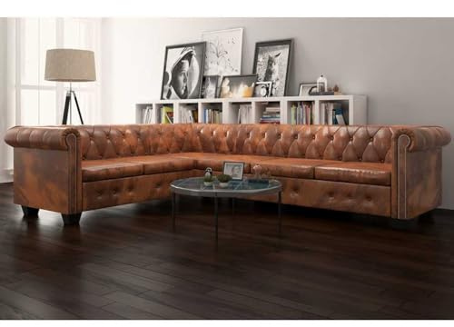 NIVVHOH Chesterfield-Ecksofa 6-Sitzer Kunstleder Braun Schlafcouch Komfort Eleganz Wohnlandschaft