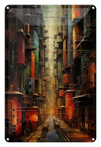 Wallario Blechschild Wandbild aus Metall Stadt der Zukunft - 20 x 30 cm in Premium-Qualität: Brillante Farben