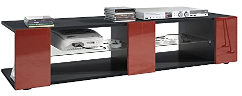 Vladon Buffet Bas Movie V2, Meuble TV avec 6 Compartiments Ouverts et placages décoratifs, Noir Mat/Bordeaux Haute Brillance (134 x 29 x 39 cm)