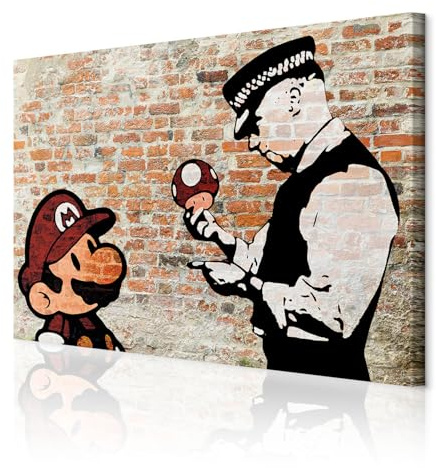 decomonkey Bilder Mario and Cop Banksy 90x60 cm 1 Teilig Leinwandbilder Bild auf Leinwand Vlies Wandbild Kunstdruck Wanddeko Wand Wohnzimmer Wanddekoration Deko Street Art Ziegel