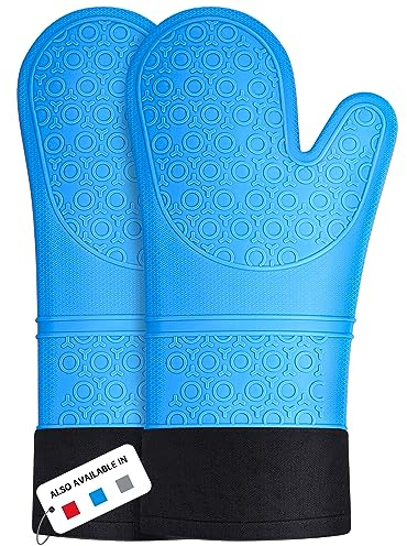 Maniques Cuisine, Sopito Gants de Four Résistant à la Chaleur Silicone Gants de Four Extra Long Antidérapant Mitaines de Four (Bleu, 1 Paire)