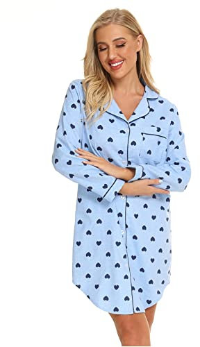 Misscoo Nachthemd Damen Langarm - Schlafhemd Button-Down Frauen Baumwoll Schlafhemd Langarm Nachthemd Flanell Nachthemd Herzform Blau L
