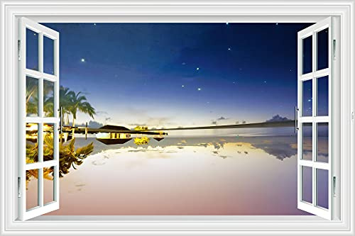 Lichi 3D Falscher Fenster-Wandaufkleber, Wandbild von Strand Kokosnussbaum, Aussicht, Landschaft, friedliche Nacht