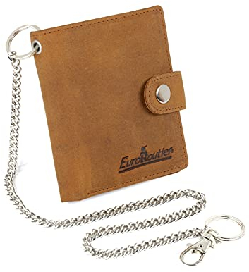 EUROROUTIER ® Portafoglio Biker Motociclista in Vera Pelle Brown con Catena, Piccolo Con Protezione RFID