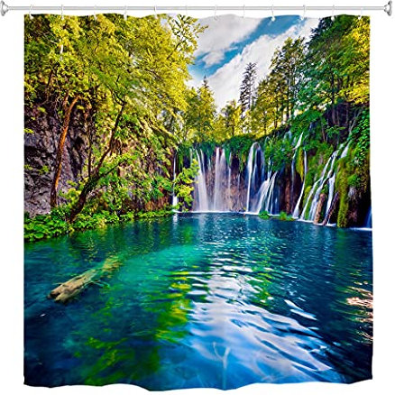 goodbath Scenic Shower Curtain Waterfall, Picture Morning Views 3D Anti Mould shower curtains for Bathroom, 180x180cm