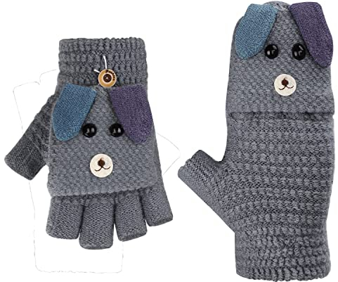 AfinderDE Kinder Fausthandschuhe Mädchen jungen Abnehmbare Klappe Strickhandschuhe Fäustlinge Handschuhe Fingerhandschuhe Fingerlos Halb Handschuhe Strick Handschuhe Winterhandschuhe (Grau 6), L