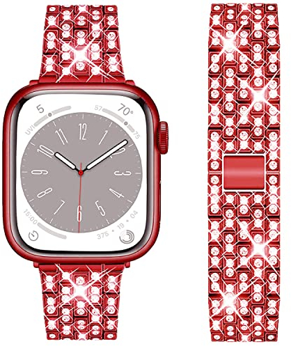 DEALELE Strap Compatible with Apple Watch 41mm 40mm 38mm, Bling Rhinestone Diamond Metal Replacement Bands for iWatch Series 9/8 / 7/6 / 5/4 / 3 / SE Women Men, 38/40/41mm, Red