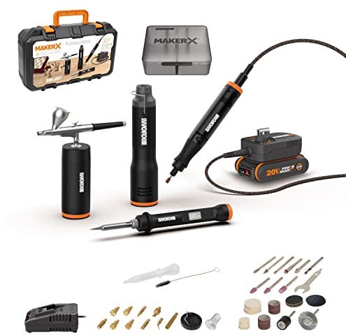 Worx 20V 4-Tool MakerX Combo Kit WX995, Rotary Tool+Wood & Metal Crafter+Air Brush+Mini Heat Gun, 1* HUB Adapter, PowerShare, 1 * 2.0Ah Battery, 1 * 2A Charger